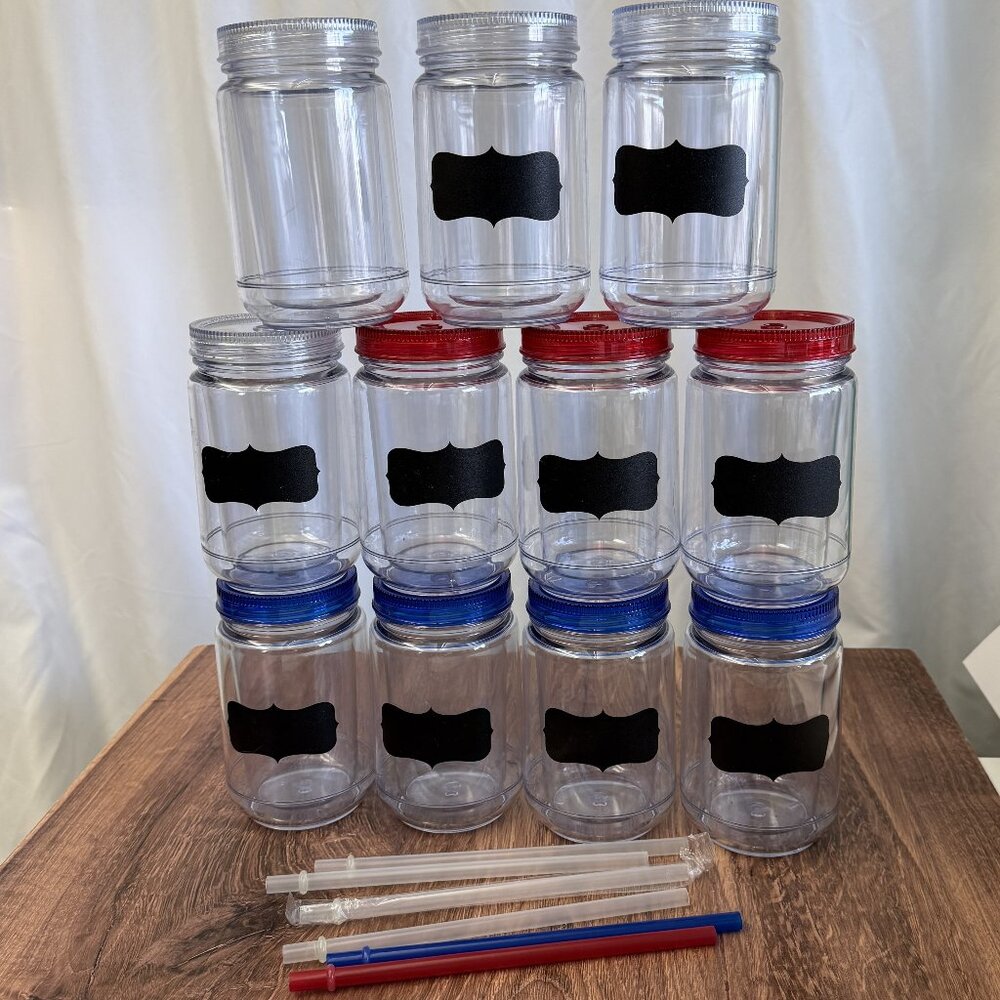 Maars Mason Jar Tumblers Lot – 11 Cups w Lids + 6 Straws